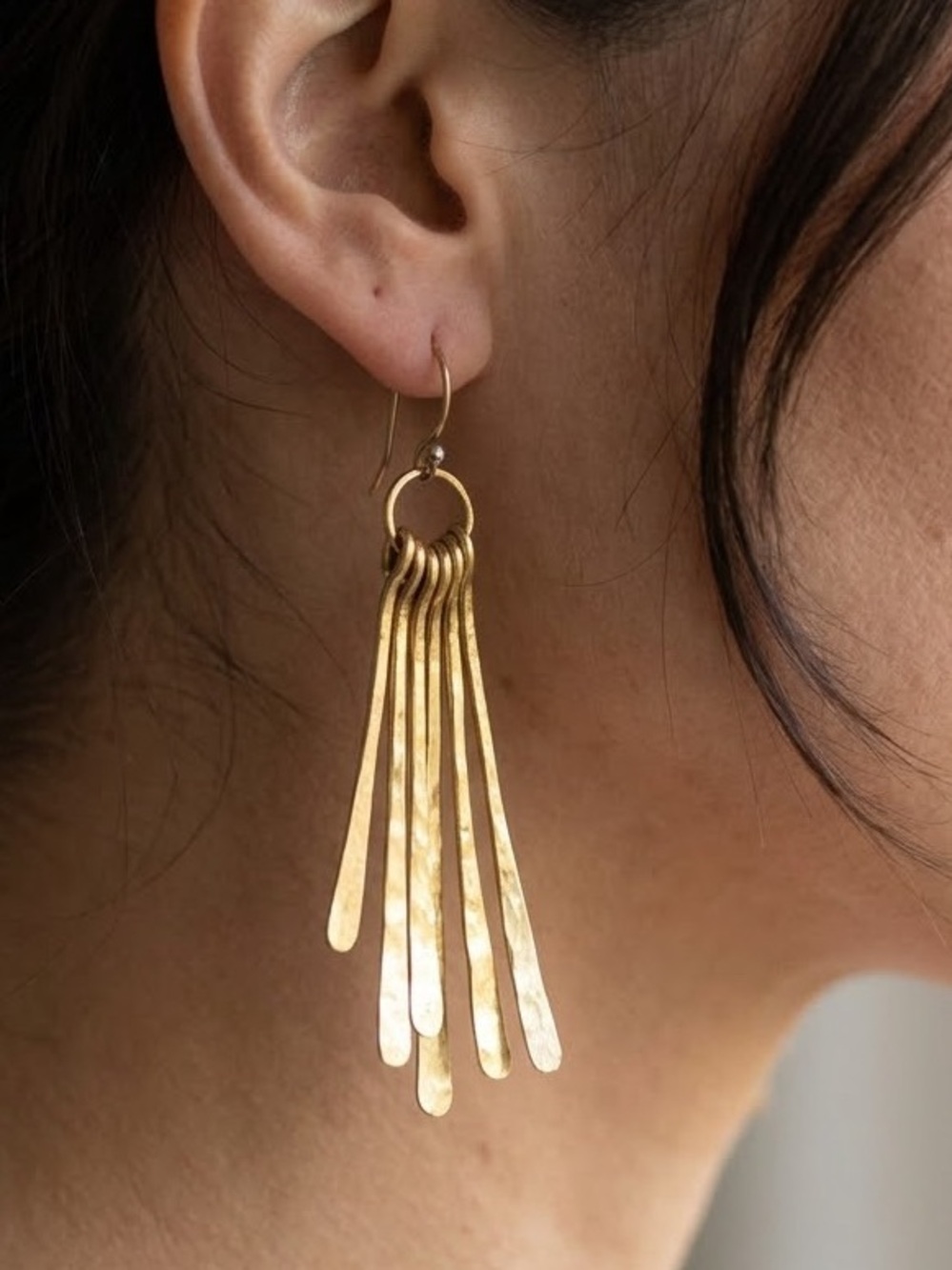 Artisan Hammered Brass Multi-Strand Fringe Drop Dangle Earrings